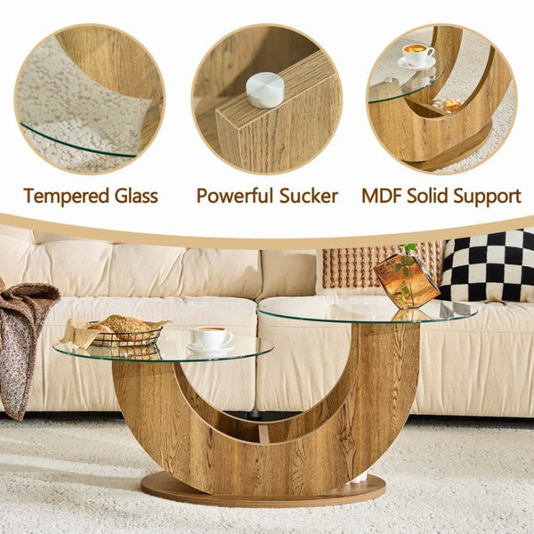 English Elm Creative Dual Tier Tempered Glass Coffee Table with Sculpted Mdf Base for Modern Living Transparent, Wood W1512P537606