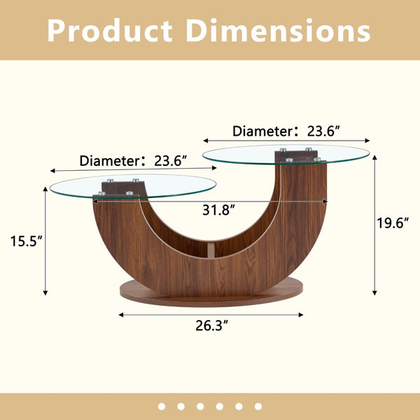 English Elm Creative Dual Tier Tempered Glass Coffee Table with Sculpted Mdf Base for Modern Living Transparent, Walnut W1512P537670
