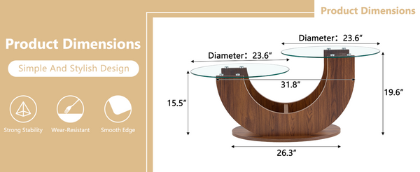 English Elm Creative Dual Tier Tempered Glass Coffee Table with Sculpted Mdf Base for Modern Living Transparent, Walnut W1512P537670