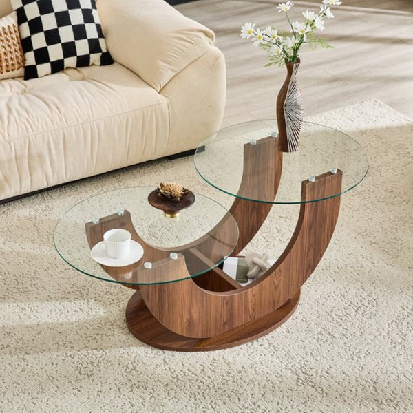 English Elm Creative Dual Tier Tempered Glass Coffee Table with Sculpted Mdf Base for Modern Living Transparent, Walnut W1512P537670