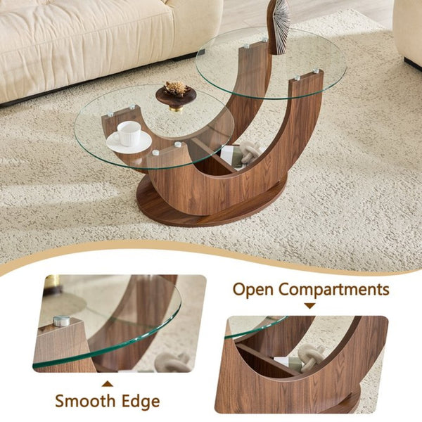 English Elm Creative Dual Tier Tempered Glass Coffee Table with Sculpted Mdf Base for Modern Living Transparent, Walnut W1512P537670