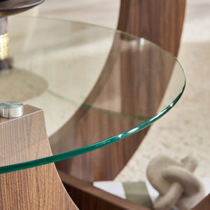 English Elm Creative Dual Tier Tempered Glass Coffee Table with Sculpted Mdf Base for Modern Living Transparent, Walnut W1512P537670