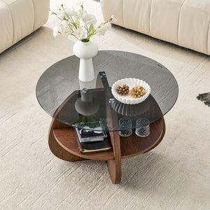 English Elm Creative Round Coffee Table Walnut Mdf Base Gray Tempered Glass Hidden Storage Lounge W1512P537677