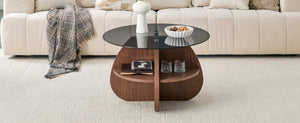 English Elm Creative Round Coffee Table Walnut Mdf Base Gray Tempered Glass Hidden Storage Lounge W1512P537677
