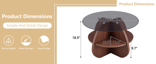 English Elm Creative Round Coffee Table Walnut Mdf Base Gray Tempered Glass Hidden Storage Lounge W1512P537677