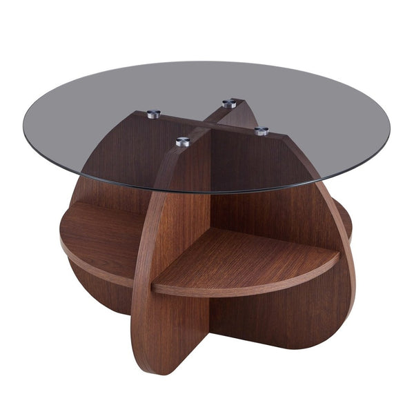 English Elm Creative Round Coffee Table Walnut Mdf Base Gray Tempered Glass Hidden Storage Lounge W1512P537677
