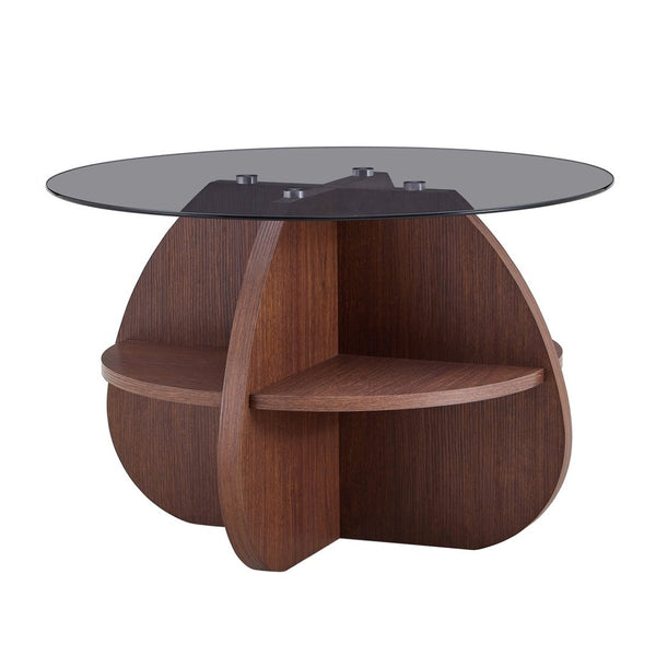 English Elm Creative Round Coffee Table Walnut Mdf Base Gray Tempered Glass Hidden Storage Lounge W1512P537677