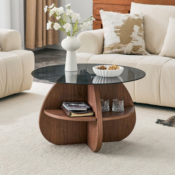English Elm Creative Round Coffee Table Walnut Mdf Base Gray Tempered Glass Hidden Storage Lounge W1512P537677