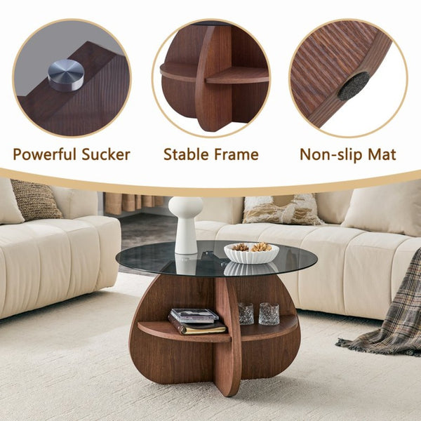 English Elm Creative Round Coffee Table Walnut Mdf Base Gray Tempered Glass Hidden Storage Lounge W1512P537677