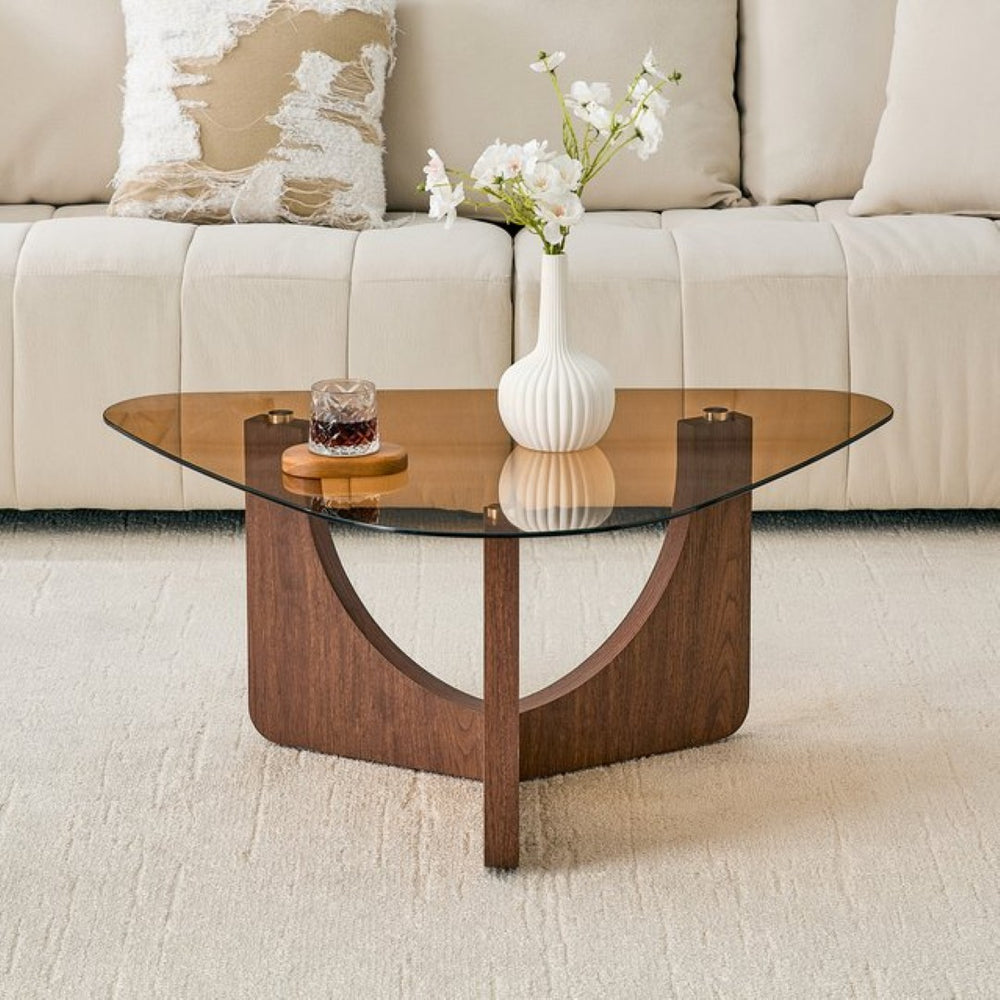 English Elm Vintage-style Triangular Glass Top Coffee Table with Walnut Mdf Base for Living Room W1512P537713