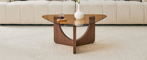 English Elm Vintage-style Triangular Glass Top Coffee Table with Walnut Mdf Base for Living Room W1512P537713