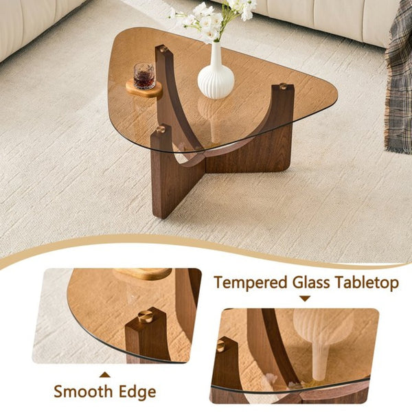 English Elm Vintage-style Triangular Glass Top Coffee Table with Walnut Mdf Base for Living Room W1512P537713