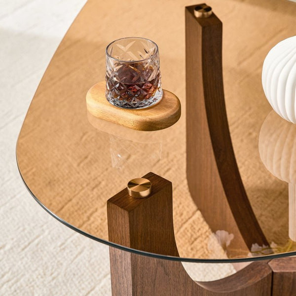 English Elm Vintage-style Triangular Glass Top Coffee Table with Walnut Mdf Base for Living Room W1512P537713