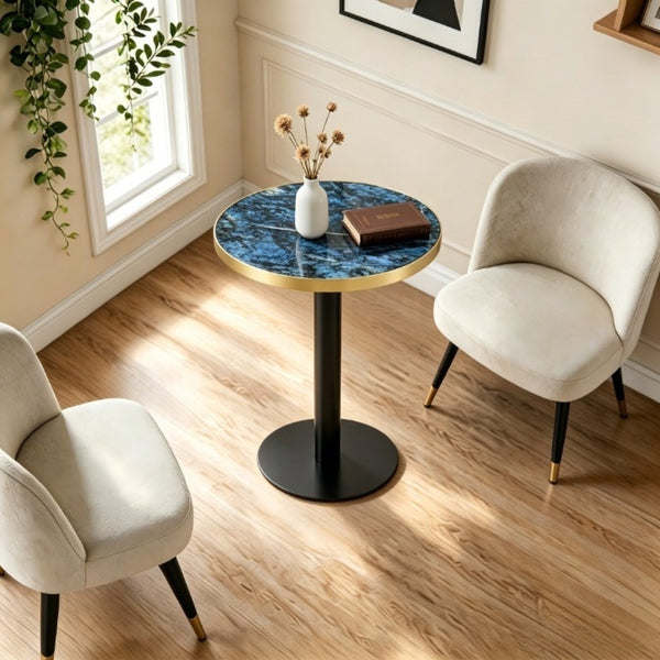 English Elm 23.6 Inch Round Marble Look Side Table with Stainless Steel Edge Trim and Metal Base Blue W1512P538155