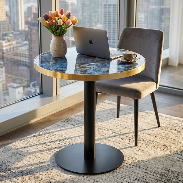 English Elm 23.6 Inch Round Marble Look Side Table with Stainless Steel Edge Trim and Metal Base Blue W1512P538155