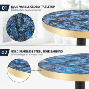 English Elm 23.6 Inch Round Marble Look Side Table with Stainless Steel Edge Trim and Metal Base Blue W1512P538155