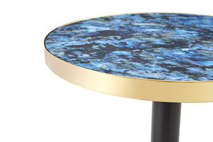 English Elm 23.6 Inch Round Marble Look Side Table with Stainless Steel Edge Trim and Metal Base Blue W1512P538155