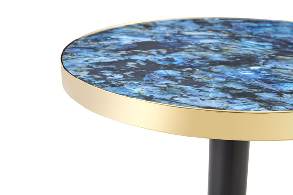 English Elm 23.6 Inch Round Marble Look Side Table with Stainless Steel Edge Trim and Metal Base Blue W1512P538155