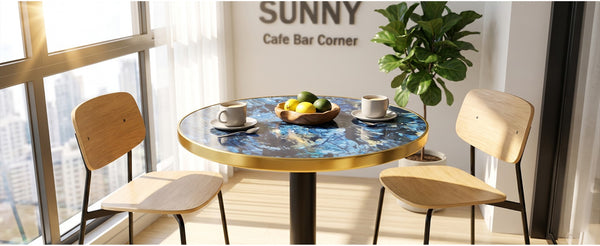 English Elm 23.6 Inch Round Marble Look Side Table with Stainless Steel Edge Trim and Metal Base Blue W1512P538155