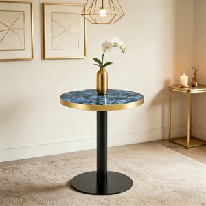 English Elm 23.6 Inch Round Marble Look Side Table with Stainless Steel Edge Trim and Metal Base Blue W1512P538155