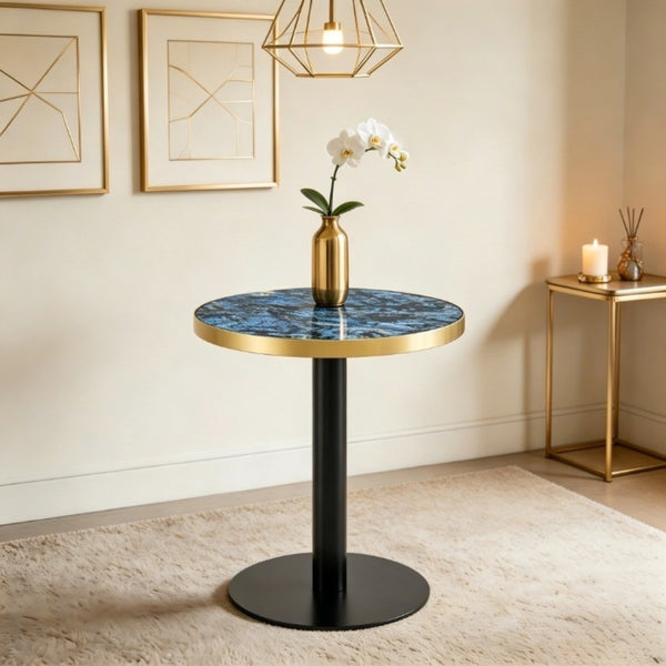 English Elm 23.6 Inch Round Marble Look Side Table with Stainless Steel Edge Trim and Metal Base Blue W1512P538155