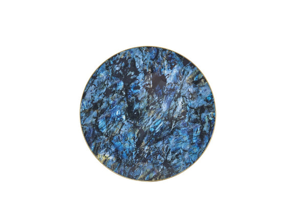 English Elm 23.6 Inch Round Marble Look Side Table with Stainless Steel Edge Trim and Metal Base Blue W1512P538155