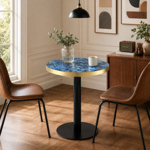 English Elm 23.6 Inch Round Marble Look Side Table with Stainless Steel Edge Trim and Metal Base Blue W1512P538155