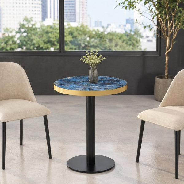 English Elm 23.6 Inch Round Marble Look Side Table with Stainless Steel Edge Trim and Metal Base Blue W1512P538155