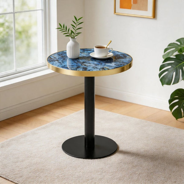 English Elm 23.6 Inch Round Marble Look Side Table with Stainless Steel Edge Trim and Metal Base Blue W1512P538155
