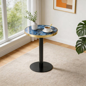 English Elm 23.6 Inch Round Marble Look Side Table with Stainless Steel Edge Trim and Metal Base Blue W1512P538155