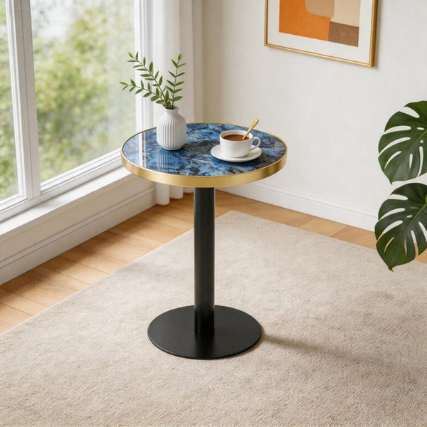 English Elm 23.6 Inch Round Marble Look Side Table with Stainless Steel Edge Trim and Metal Base Blue W1512P538155