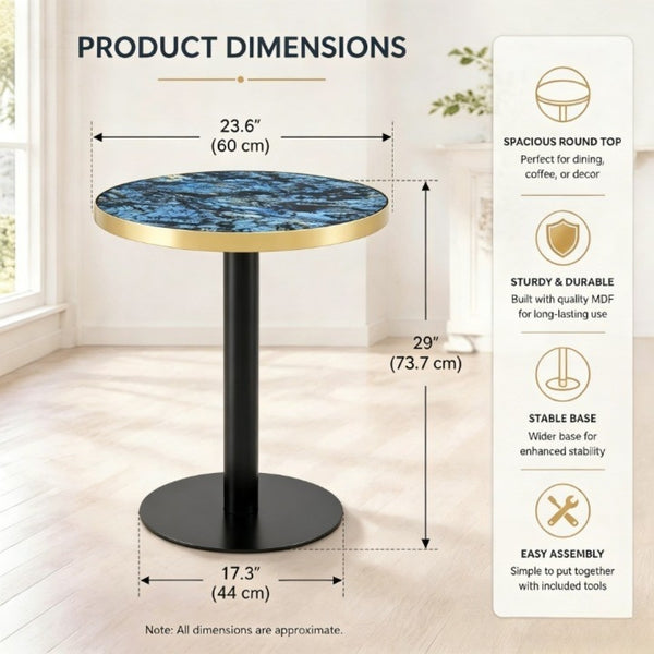 English Elm 23.6 Inch Round Marble Look Side Table with Stainless Steel Edge Trim and Metal Base Blue W1512P538155