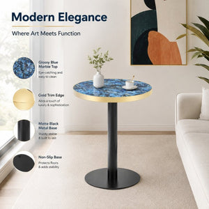 English Elm 23.6 Inch Round Marble Look Side Table with Stainless Steel Edge Trim and Metal Base Blue W1512P538155