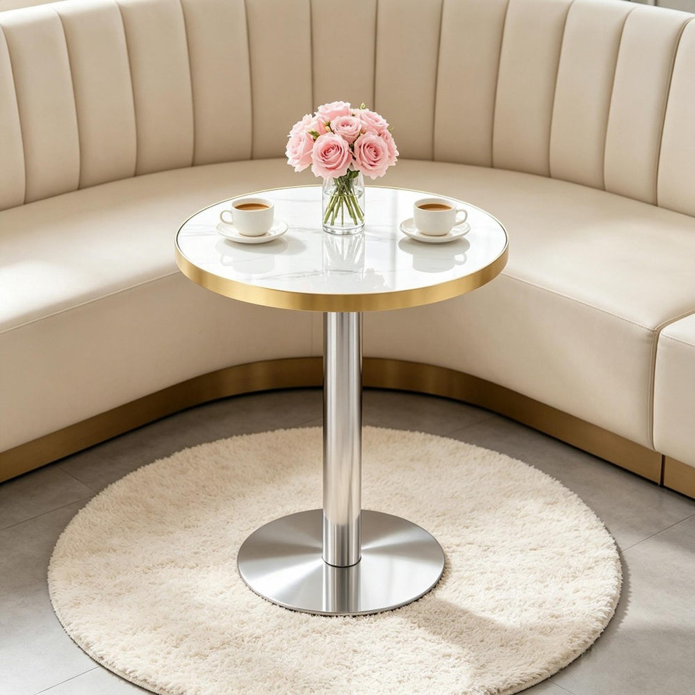 English Elm 23.6 Inch Round Marble Look Side Table with Stainless Steel Edge Trim and Metal Base White - A W1512P538170