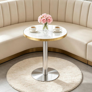 English Elm 23.6 Inch Round Marble Look Side Table with Stainless Steel Edge Trim and Metal Base White - A W1512P538170