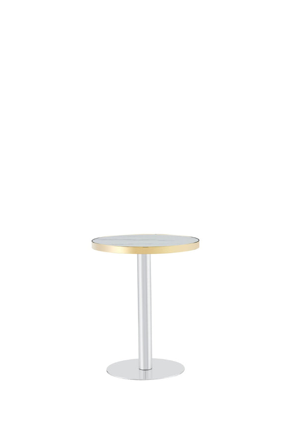 English Elm 23.6 Inch Round Marble Look Side Table with Stainless Steel Edge Trim and Metal Base White - A W1512P538170