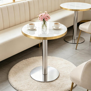 English Elm 23.6 Inch Round Marble Look Side Table with Stainless Steel Edge Trim and Metal Base White - A W1512P538170