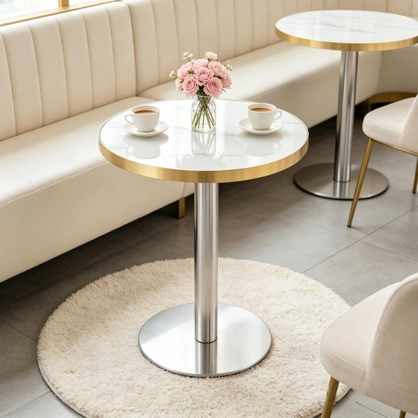 English Elm 23.6 Inch Round Marble Look Side Table with Stainless Steel Edge Trim and Metal Base White - A W1512P538170
