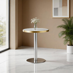 English Elm 23.6 Inch Round Marble Look Side Table with Stainless Steel Edge Trim and Metal Base White - A W1512P538170