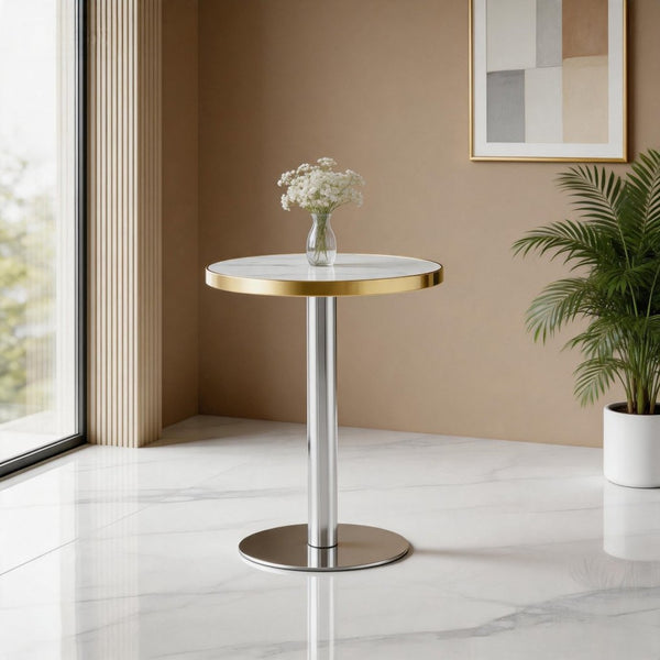 English Elm 23.6 Inch Round Marble Look Side Table with Stainless Steel Edge Trim and Metal Base White - A W1512P538170