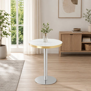 English Elm 23.6 Inch Round Marble Look Side Table with Stainless Steel Edge Trim and Metal Base White - A W1512P538170