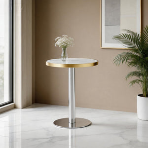 English Elm 23.6 Inch Round Marble Look Side Table with Stainless Steel Edge Trim and Metal Base White - A W1512P538170