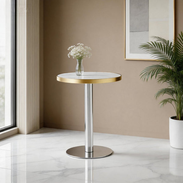 English Elm 23.6 Inch Round Marble Look Side Table with Stainless Steel Edge Trim and Metal Base White - A W1512P538170