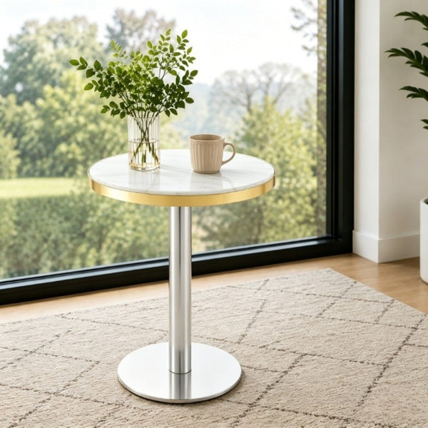 English Elm 23.6 Inch Round Marble Look Side Table with Stainless Steel Edge Trim and Metal Base White - A W1512P538170