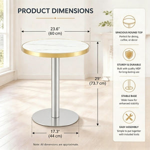 English Elm 23.6 Inch Round Marble Look Side Table with Stainless Steel Edge Trim and Metal Base White - A W1512P538170