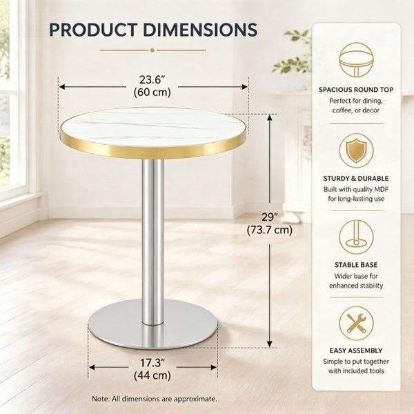 English Elm 23.6 Inch Round Marble Look Side Table with Stainless Steel Edge Trim and Metal Base White - A W1512P538170