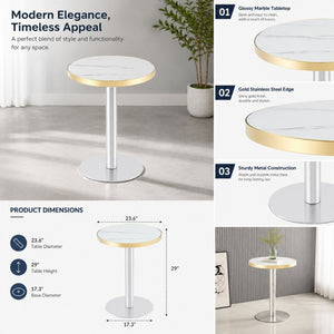 English Elm 23.6 Inch Round Marble Look Side Table with Stainless Steel Edge Trim and Metal Base White - A W1512P538170