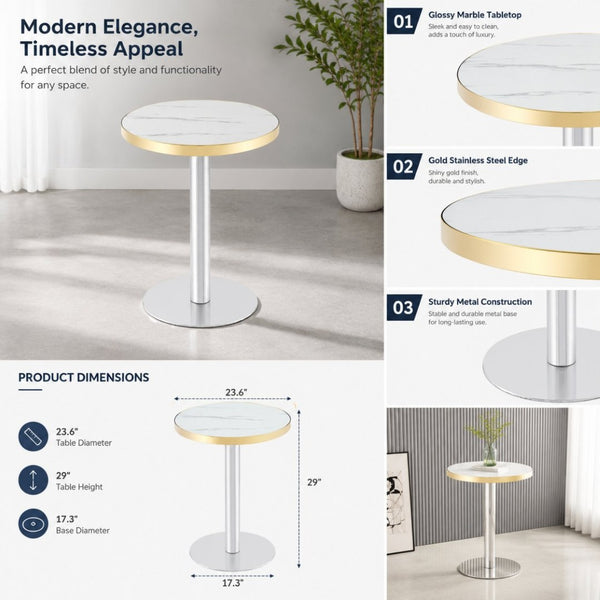 English Elm 23.6 Inch Round Marble Look Side Table with Stainless Steel Edge Trim and Metal Base White - A W1512P538170