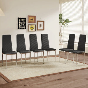 English Elm Modern Pu Leather Dining Chair Set of Six with Diamond Back and Silver Legs Black+Silver W1512P539945