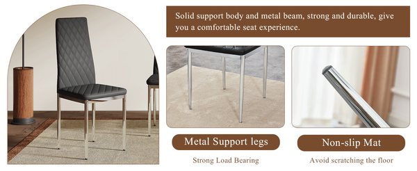 English Elm Modern Pu Leather Dining Chair Set of Six with Diamond Back and Silver Legs Black+Silver W1512P539945